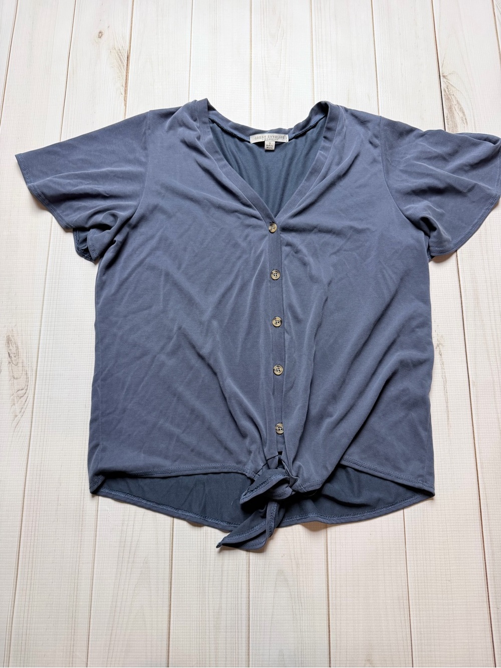 Green Envelope Slate Blue Button-Front Knot Tee